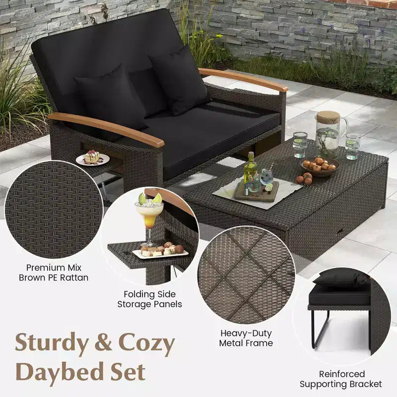 Costway Patio Rattan Daybed Set with Cushioned Loveseat & Storage Ottoman for Porch Beige/Navy/Red/Turquoise/Black/Gray