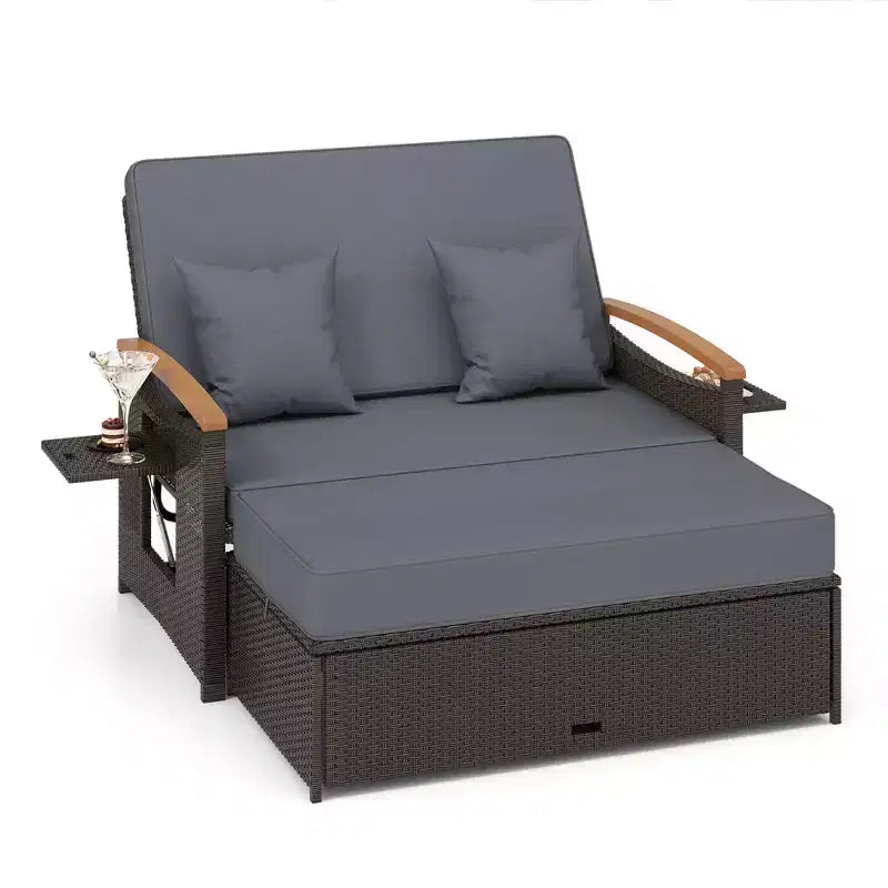 Costway Patio Rattan Daybed Set with Cushioned Loveseat & Storage Ottoman for Porch Beige/Navy/Red/Turquoise/Black/Gray