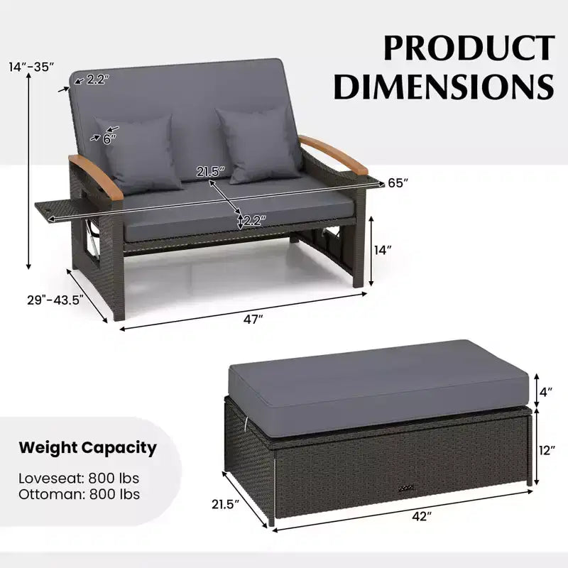 Costway Patio Rattan Daybed Set with Cushioned Loveseat & Storage Ottoman for Porch Beige/Navy/Red/Turquoise/Black/Gray