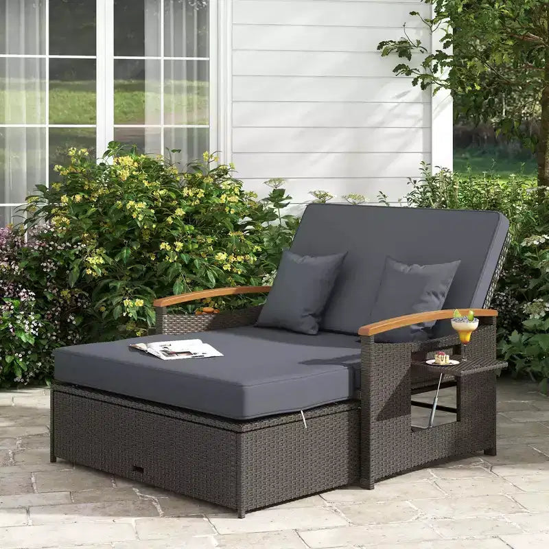 Costway Patio Rattan Daybed Set with Cushioned Loveseat & Storage Ottoman for Porch Beige/Navy/Red/Turquoise/Black/Gray