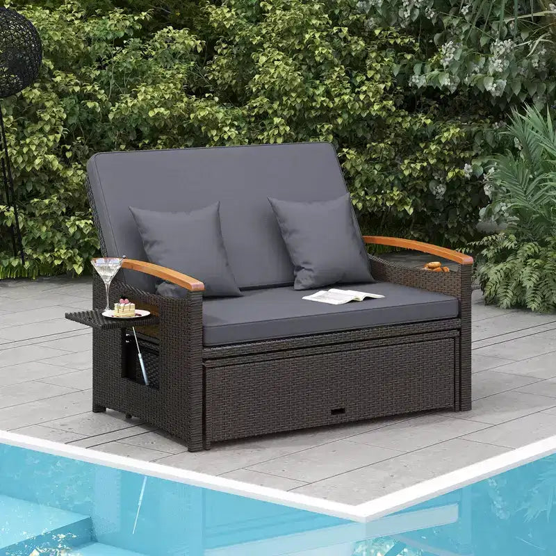 Costway Patio Rattan Daybed Set with Cushioned Loveseat & Storage Ottoman for Porch Beige/Navy/Red/Turquoise/Black/Gray