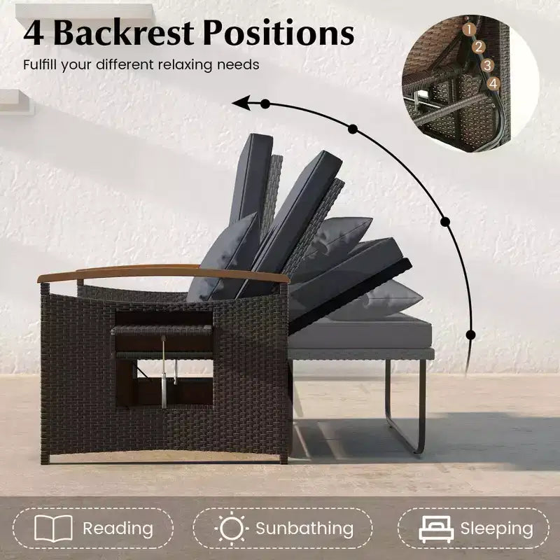 Costway Patio Rattan Daybed Set with Cushioned Loveseat & Storage Ottoman for Porch Beige/Navy/Red/Turquoise/Black/Gray