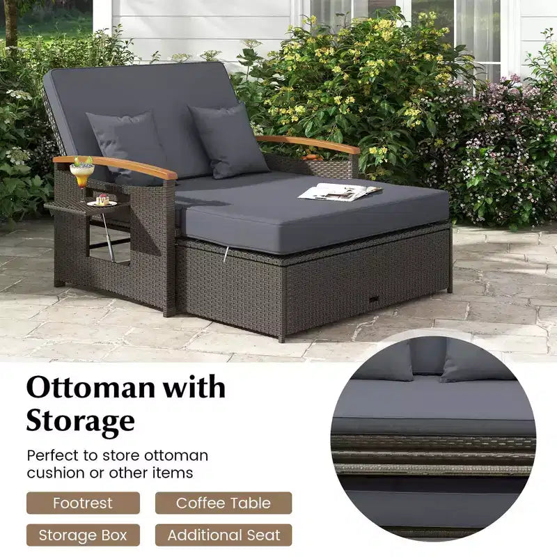 Costway Patio Rattan Daybed Set with Cushioned Loveseat & Storage Ottoman for Porch Beige/Navy/Red/Turquoise/Black/Gray