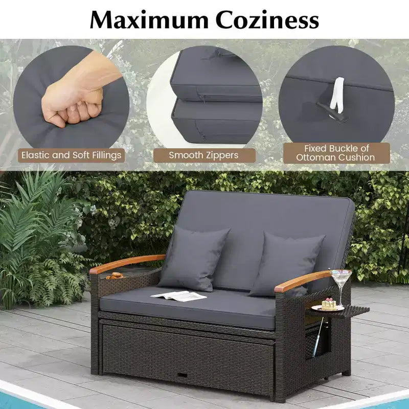 Costway Patio Rattan Daybed Set with Cushioned Loveseat & Storage Ottoman for Porch Beige/Navy/Red/Turquoise/Black/Gray