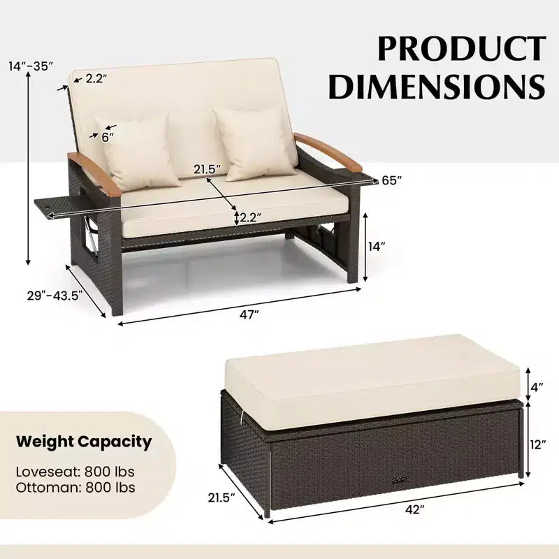 Costway Patio Rattan Daybed Set with Cushioned Loveseat & Storage Ottoman for Porch Beige/Navy/Red/Turquoise/Black/Gray