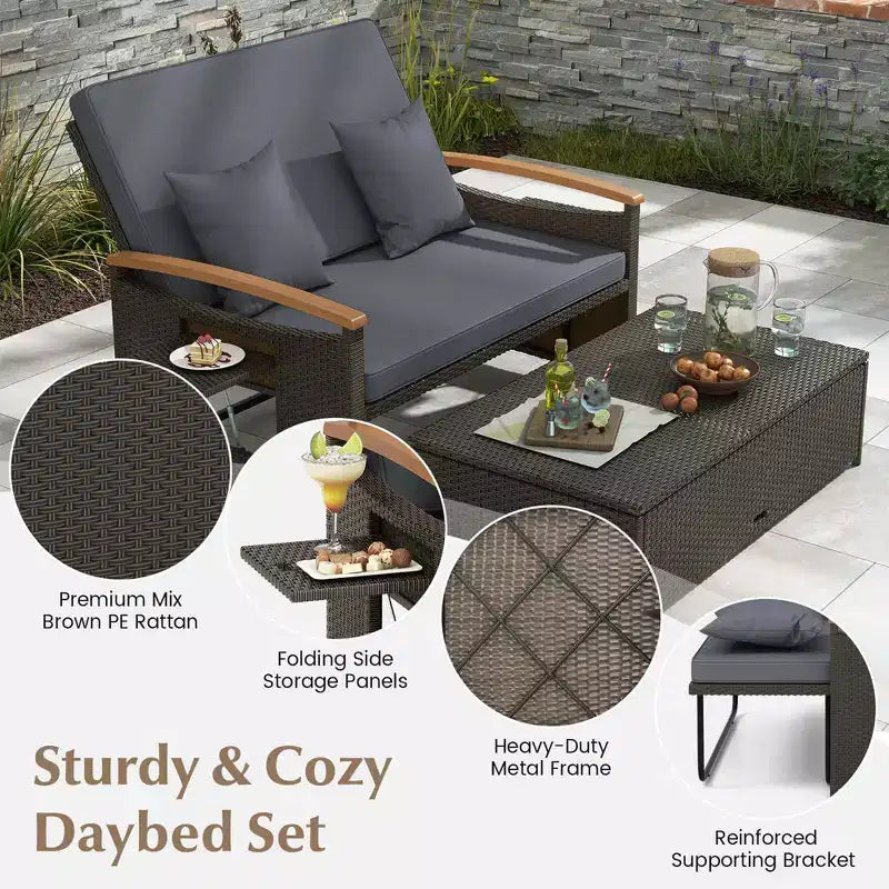 Costway Patio Rattan Daybed Set with Cushioned Loveseat & Storage Ottoman for Porch Beige/Navy/Red/Turquoise/Black/Gray