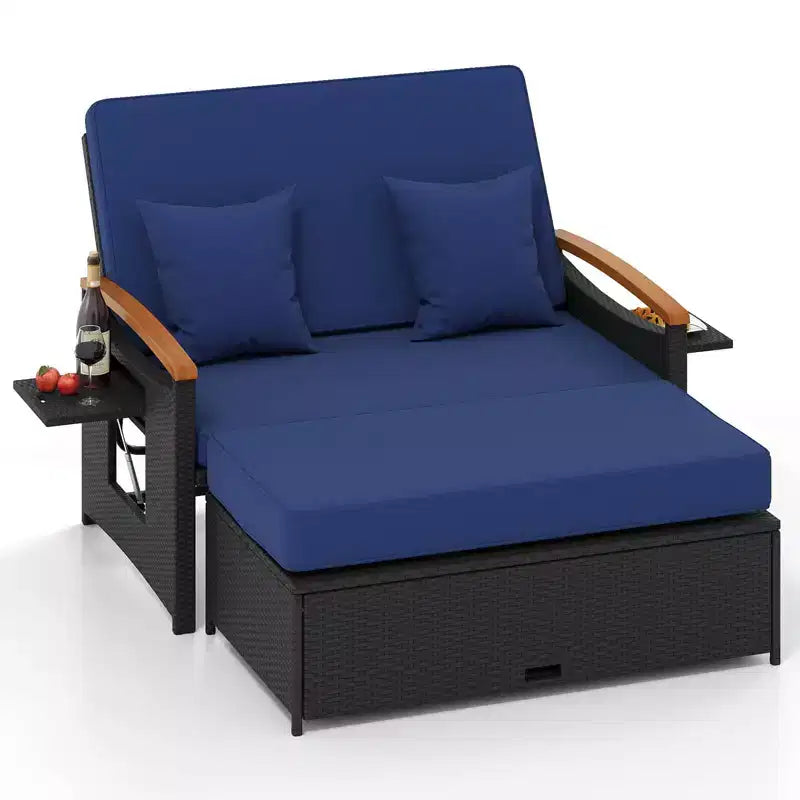 Costway Patio Rattan Daybed Set with Cushioned Loveseat & Storage Ottoman for Porch Beige/Navy/Red/Turquoise/Black/Gray