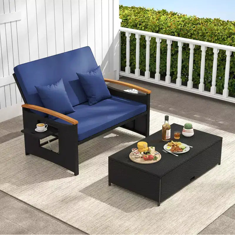 Costway Patio Rattan Daybed Set with Cushioned Loveseat & Storage Ottoman for Porch Beige/Navy/Red/Turquoise/Black/Gray