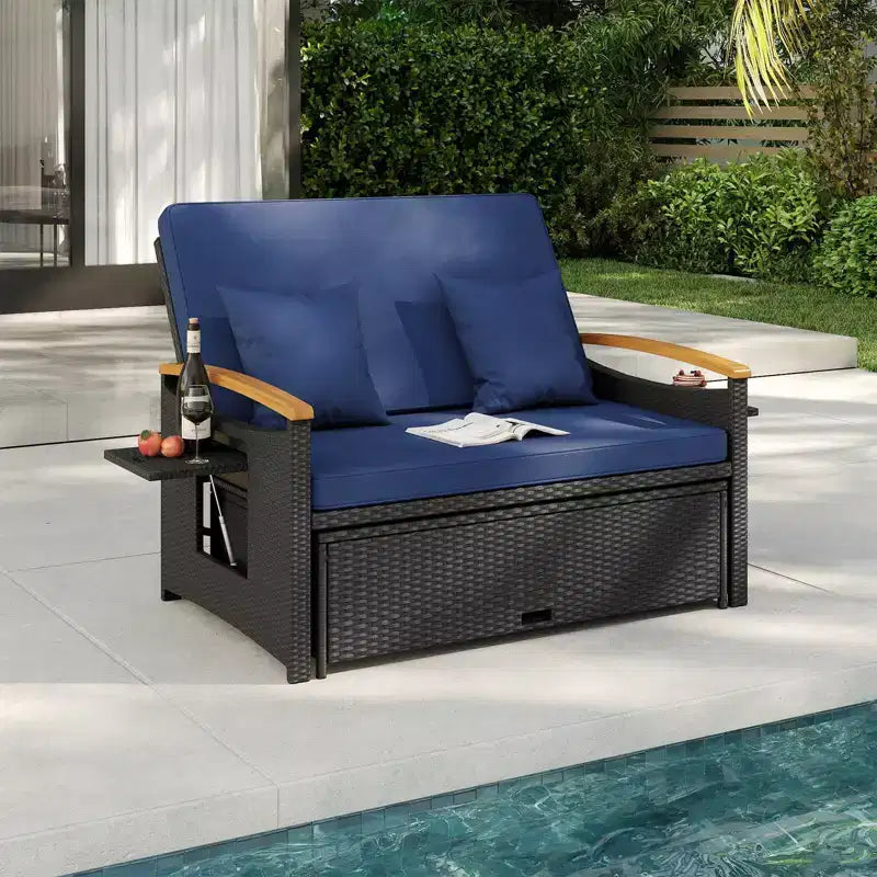 Costway Patio Rattan Daybed Set with Cushioned Loveseat & Storage Ottoman for Porch Beige/Navy/Red/Turquoise/Black/Gray