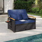 Costway Patio Rattan Daybed Set with Cushioned Loveseat & Storage Ottoman for Porch Beige/Navy/Red/Turquoise/Black/Gray