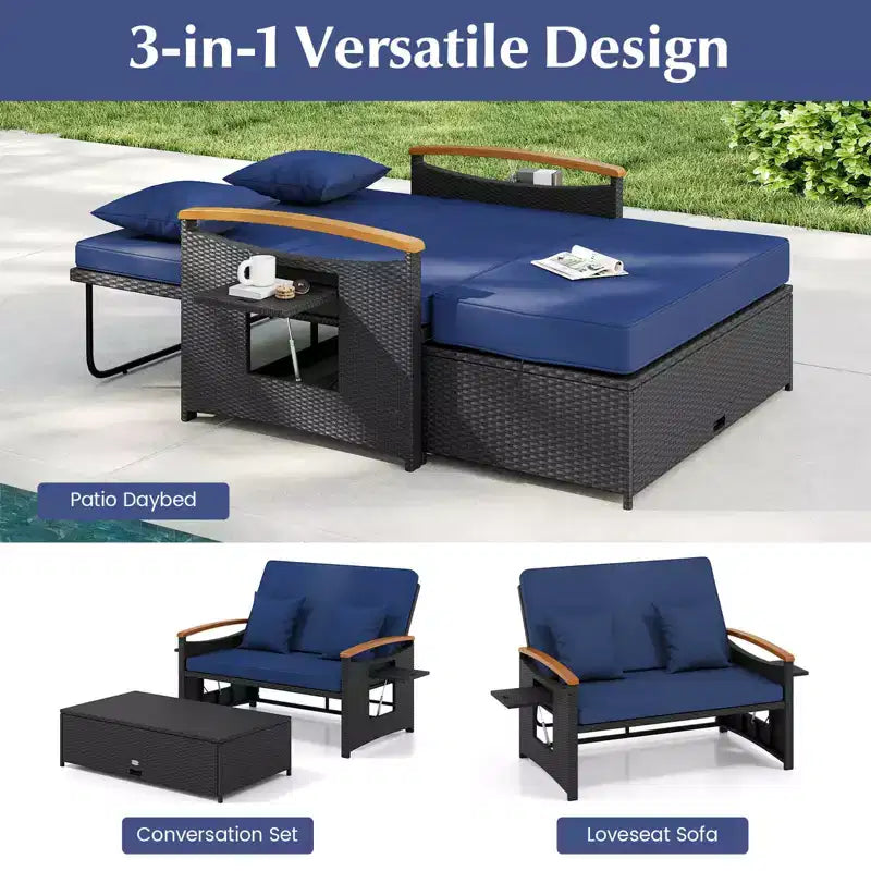 Costway Patio Rattan Daybed Set with Cushioned Loveseat & Storage Ottoman for Porch Beige/Navy/Red/Turquoise/Black/Gray