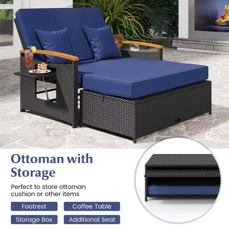 Costway Patio Rattan Daybed Set with Cushioned Loveseat & Storage Ottoman for Porch Beige/Navy/Red/Turquoise/Black/Gray