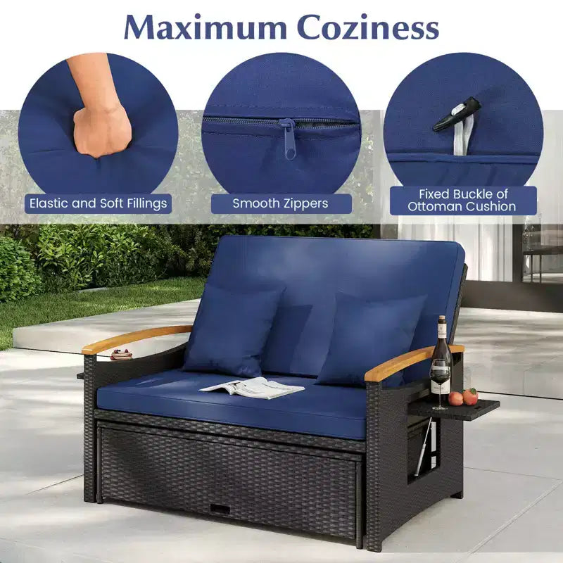 Costway Patio Rattan Daybed Set with Cushioned Loveseat & Storage Ottoman for Porch Beige/Navy/Red/Turquoise/Black/Gray