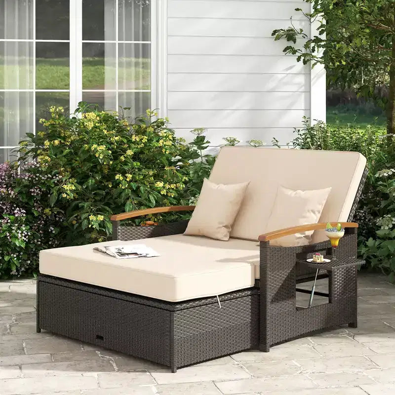 Costway Patio Rattan Daybed Set with Cushioned Loveseat & Storage Ottoman for Porch Beige/Navy/Red/Turquoise/Black/Gray