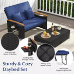 Costway Patio Rattan Daybed Set with Cushioned Loveseat & Storage Ottoman for Porch Beige/Navy/Red/Turquoise/Black/Gray