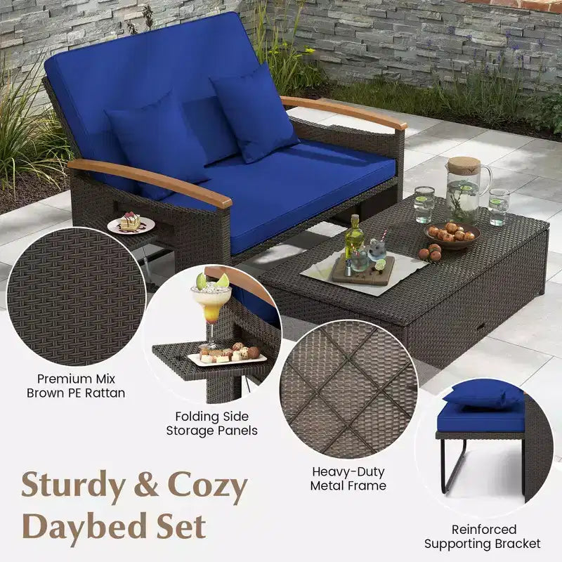 Costway Patio Rattan Daybed Set with Cushioned Loveseat & Storage Ottoman for Porch Beige/Navy/Red/Turquoise/Black/Gray