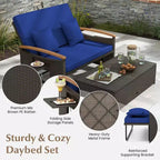 Costway Patio Rattan Daybed Set with Cushioned Loveseat & Storage Ottoman for Porch Beige/Navy/Red/Turquoise/Black/Gray