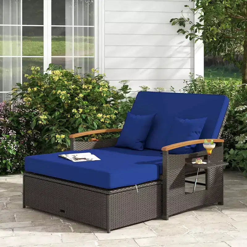 Costway Patio Rattan Daybed Set with Cushioned Loveseat & Storage Ottoman for Porch Beige/Navy/Red/Turquoise/Black/Gray