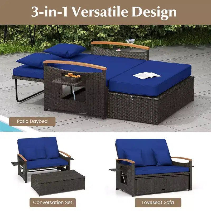 Costway Patio Rattan Daybed Set with Cushioned Loveseat & Storage Ottoman for Porch Beige/Navy/Red/Turquoise/Black/Gray