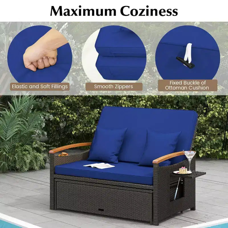 Costway Patio Rattan Daybed Set with Cushioned Loveseat & Storage Ottoman for Porch Beige/Navy/Red/Turquoise/Black/Gray