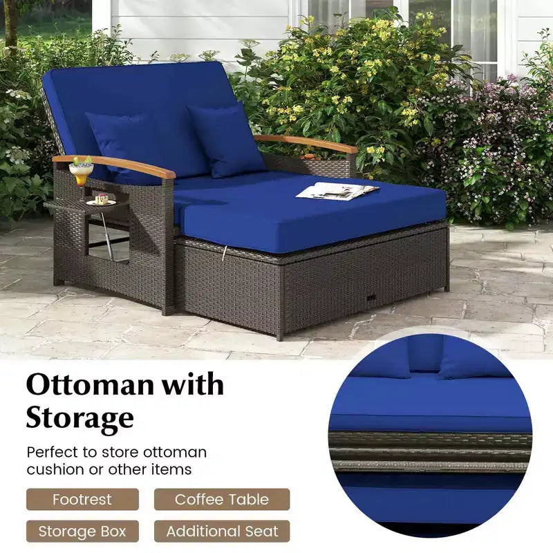 Costway Patio Rattan Daybed Set with Cushioned Loveseat & Storage Ottoman for Porch Beige/Navy/Red/Turquoise/Black/Gray