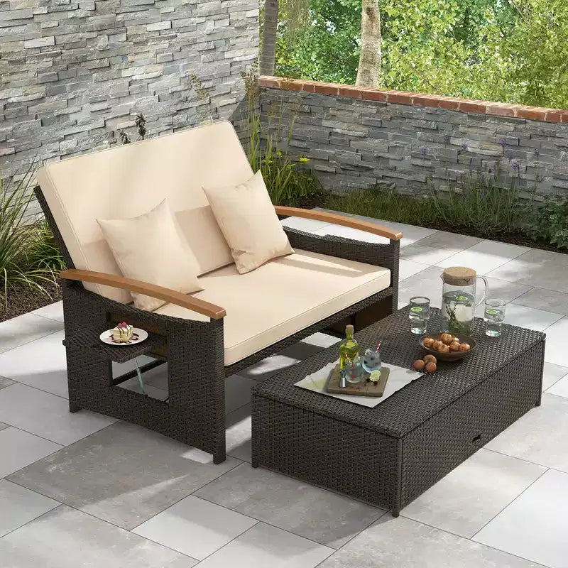 Costway Patio Rattan Daybed Set with Cushioned Loveseat & Storage Ottoman for Porch Beige/Navy/Red/Turquoise/Black/Gray