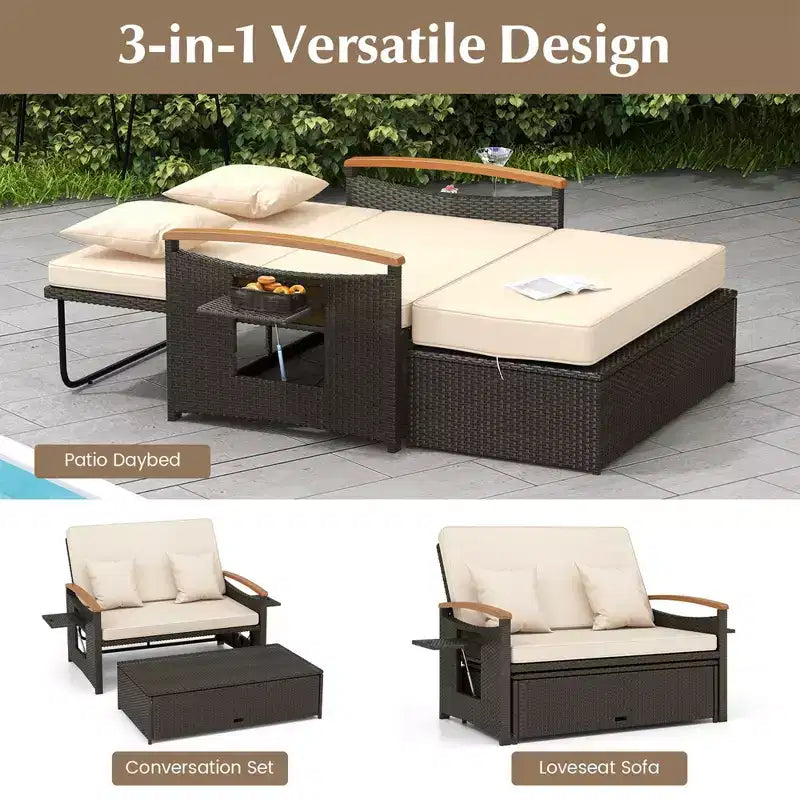Costway Patio Rattan Daybed Set with Cushioned Loveseat & Storage Ottoman for Porch Beige/Navy/Red/Turquoise/Black/Gray
