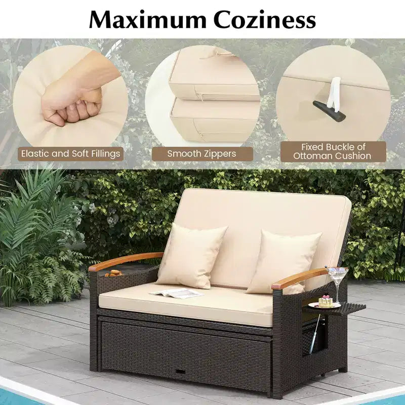 Costway Patio Rattan Daybed Set with Cushioned Loveseat & Storage Ottoman for Porch Beige/Navy/Red/Turquoise/Black/Gray