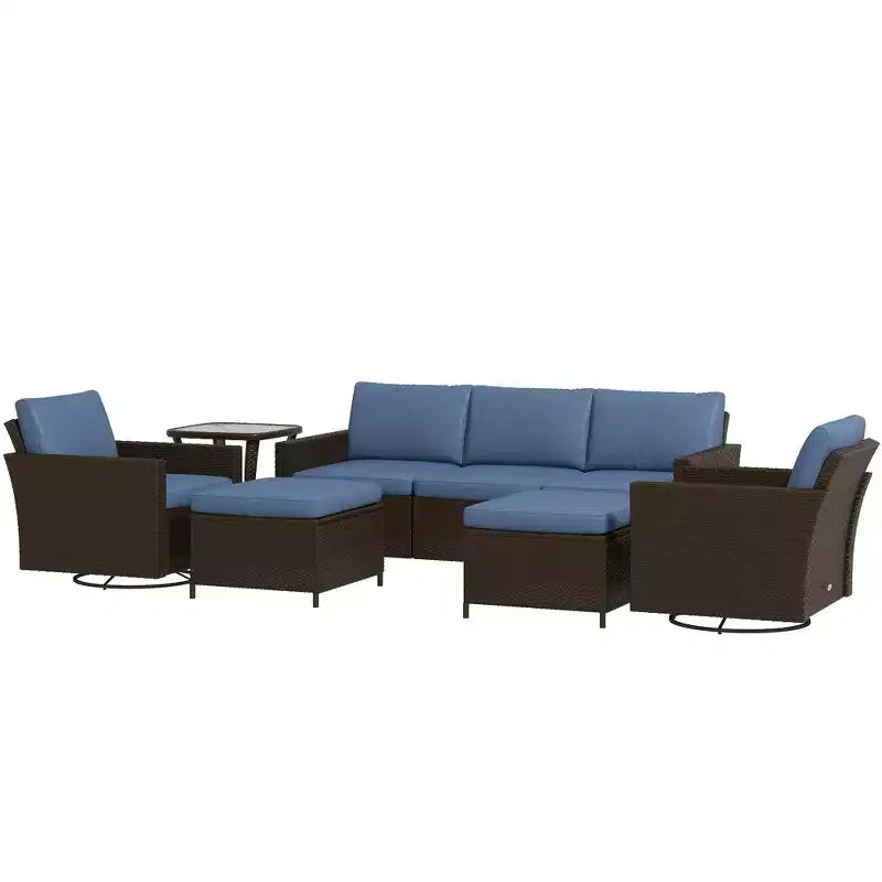 Outsunny Ensemble de Meubles de Jardin 6 Pièces avec Canapé Trois Places en Rotin, Fauteuils Berçants Pivotants, Repose-Pieds, Table, Salon de Jardin