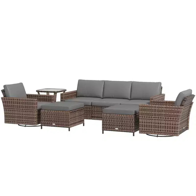 Outsunny Ensemble de Meubles de Jardin 6 Pièces avec Canapé Trois Places en Rotin, Fauteuils Berçants Pivotants, Repose-Pieds, Table, Salon de Jardin