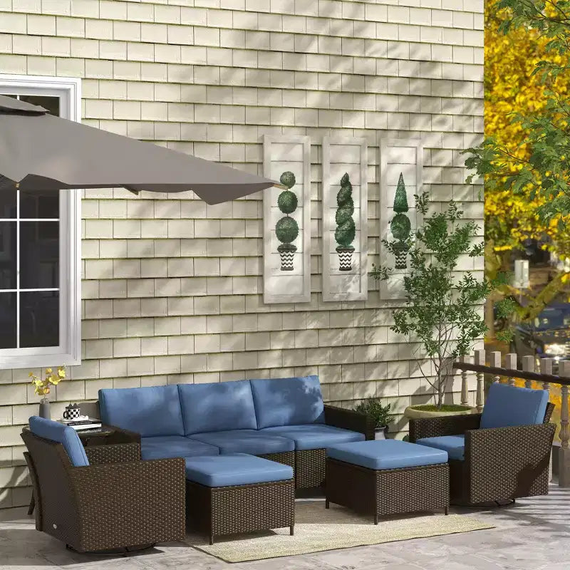 Outsunny Ensemble de Meubles de Jardin 6 Pièces avec Canapé Trois Places en Rotin, Fauteuils Berçants Pivotants, Repose-Pieds, Table, Salon de Jardin