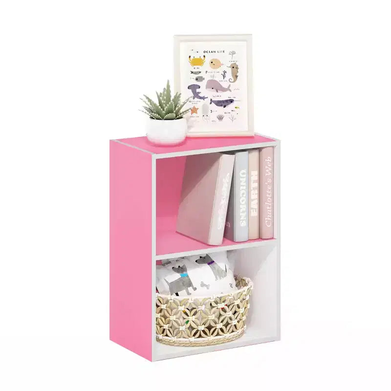 Furinno Étagère Ouverte Compacte à 2 Niveaux, Table d'Appoint de Canapé, Table de Chevet, Meuble de Rangement/Exposition, Utilisation Horizontale/Verticale, Rose/Blanc