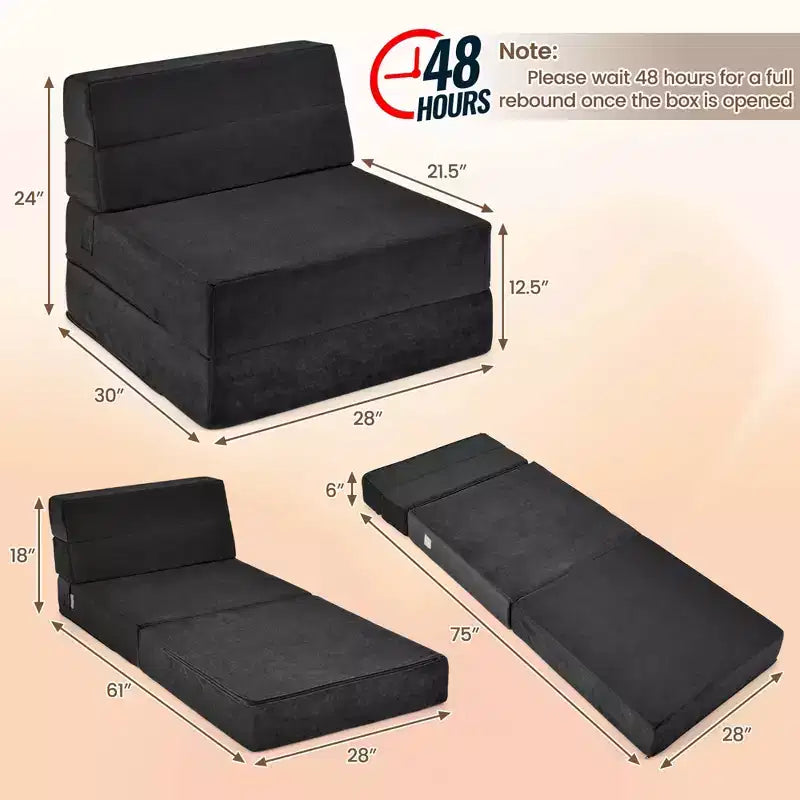 Costway Tri-Fold Fold Down Chair Flip Out Lounger Convertible Sleeper Bed Couch Dorm New Black/Grey/Coffee