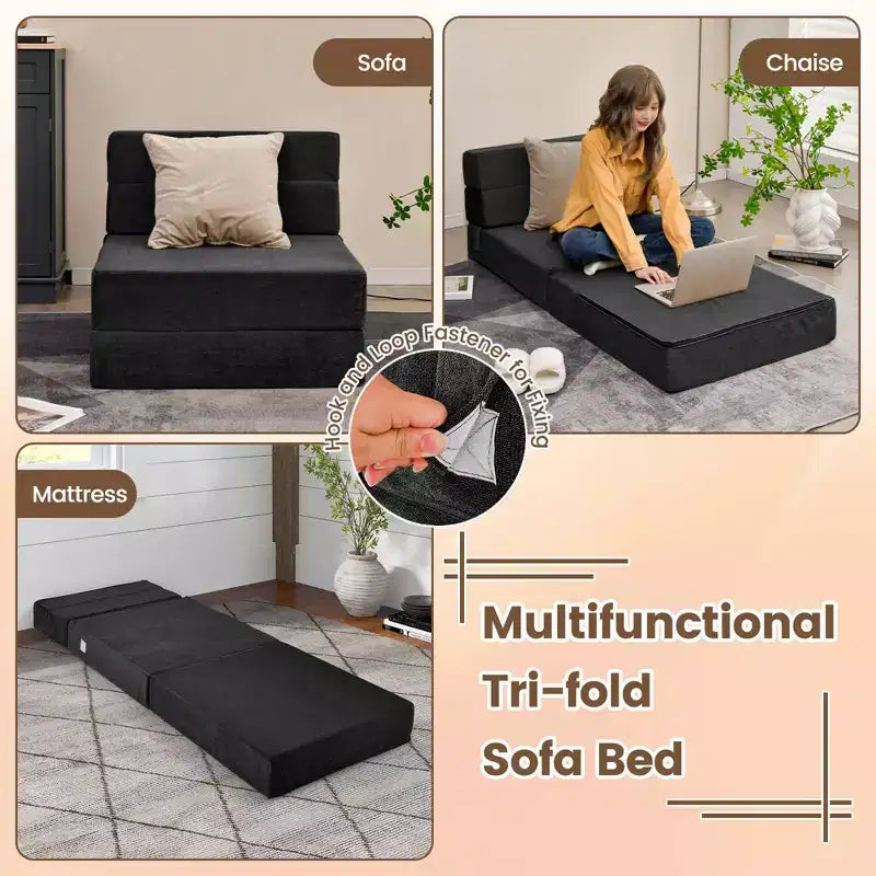 Costway Tri-Fold Fold Down Chair Flip Out Lounger Convertible Sleeper Bed Couch Dorm New Black/Grey/Coffee