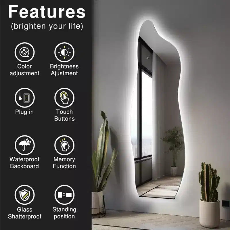 Dovelina LED Full-length Mirror Backlit Mirror Modern Full Length Mirror Frameless Irregular Mirror Large Asymmetrical Mirror - 24x63