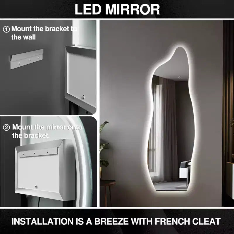 Dovelina LED Full-length Mirror Backlit Mirror Modern Full Length Mirror Frameless Irregular Mirror Large Asymmetrical Mirror - 24x63
