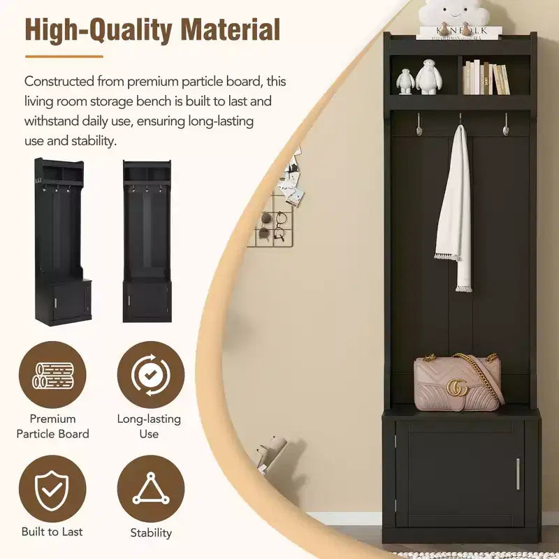23.6''W Minimalist Slim Hall Tree with Bench, Multi-functional Coat Rack with 6 Hooks & Storage Cabinet 4M - ModernLuxe