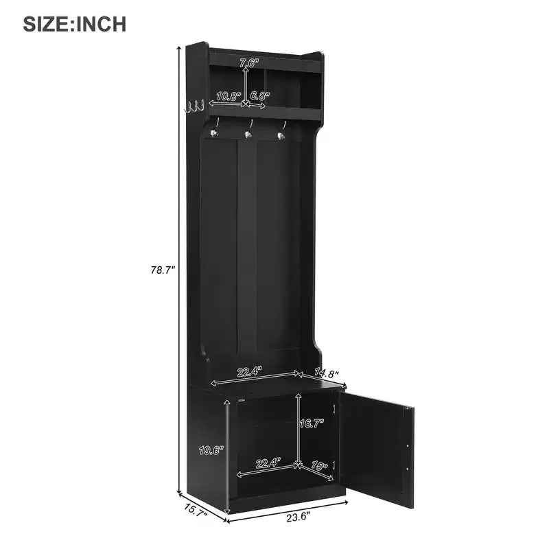 23.6''W Minimalist Slim Hall Tree with Bench, Multi-functional Coat Rack with 6 Hooks & Storage Cabinet 4M - ModernLuxe