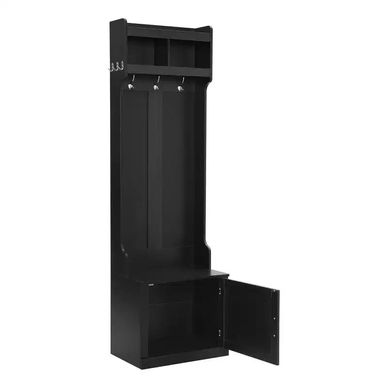 23.6''W Minimalist Slim Hall Tree with Bench, Multi-functional Coat Rack with 6 Hooks & Storage Cabinet 4M - ModernLuxe