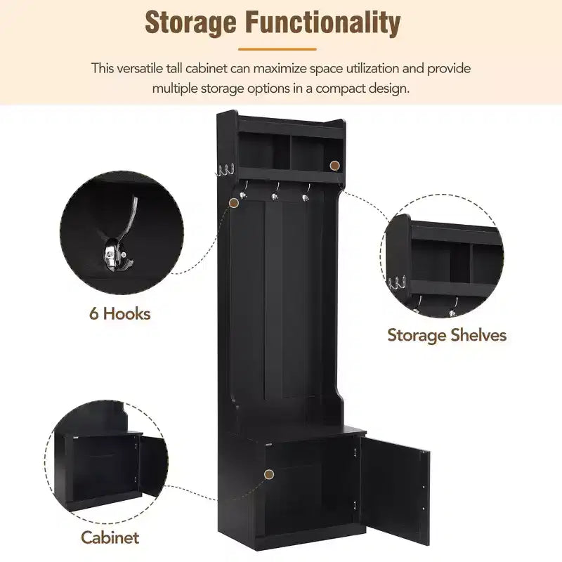 23.6''W Minimalist Slim Hall Tree with Bench, Multi-functional Coat Rack with 6 Hooks & Storage Cabinet 4M - ModernLuxe