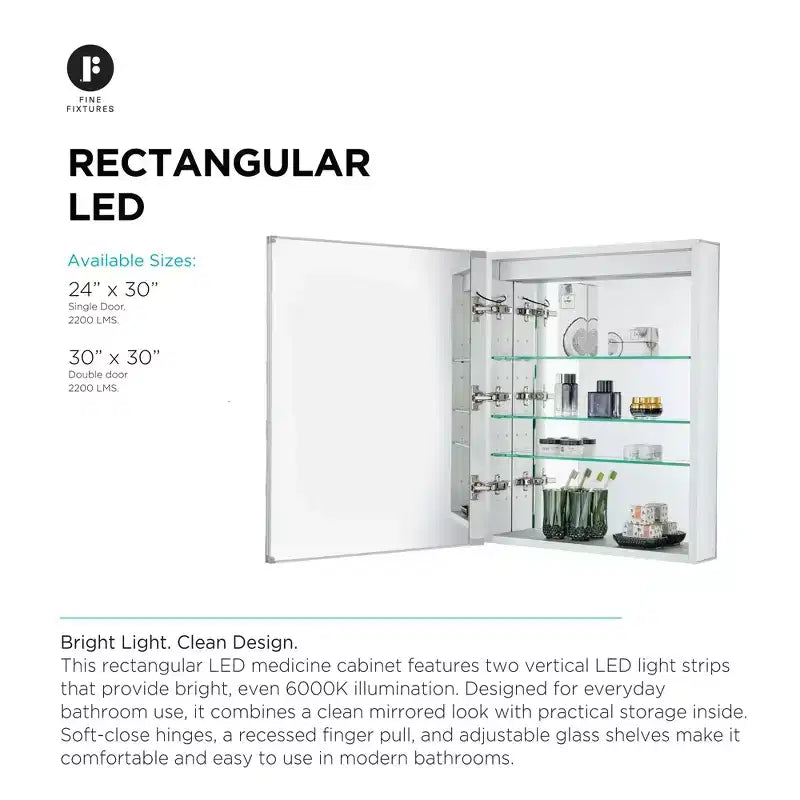 Fine Fixtures Bathroom Medicine Cabinet, Aluminum, Recessed/Surface Mount, Mirrored w/LED
