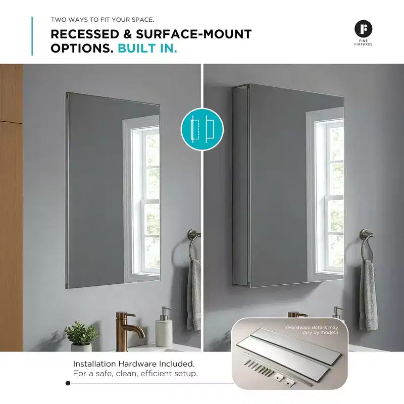 Fine Fixtures Bathroom Medicine Cabinet, Aluminum, Recessed/Surface Mount, Mirrored w/LED