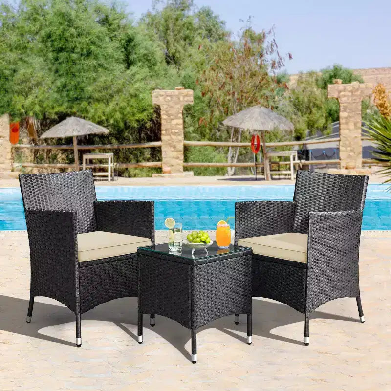 Yaheetech Wicker Rattan Coffee Table and Two Chairs Patio Conversation Set