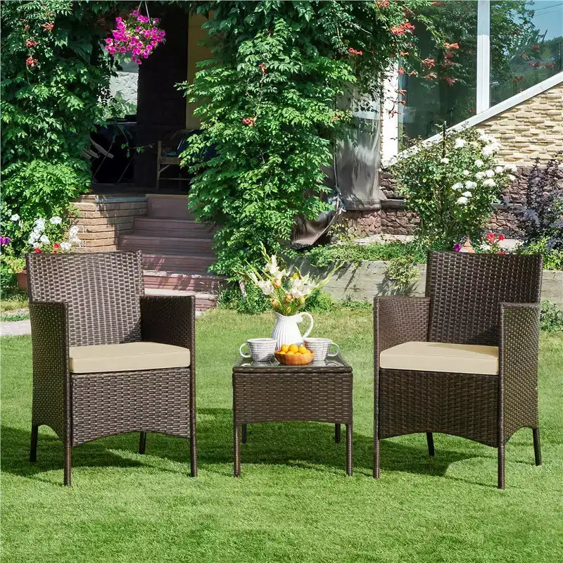 Yaheetech Wicker Rattan Coffee Table and Two Chairs Patio Conversation Set