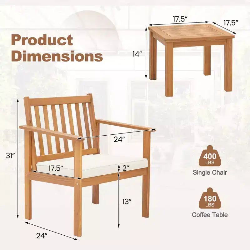 Costway Ensemble mobilier de patio 3 pièces en bois d'acacia avec chaises et table basse avec coussins souples Gris/Blanc