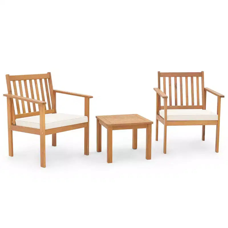 Costway Ensemble mobilier de patio 3 pièces en bois d'acacia avec chaises et table basse avec coussins souples Gris/Blanc
