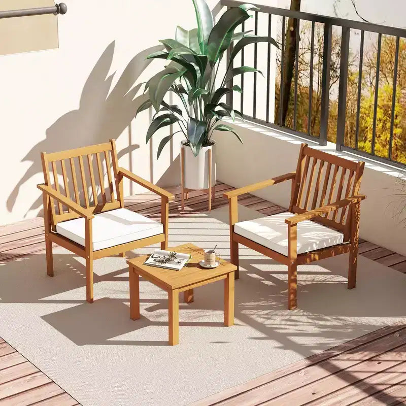 Costway Ensemble mobilier de patio 3 pièces en bois d'acacia avec chaises et table basse avec coussins souples Gris/Blanc