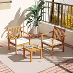 Costway Ensemble mobilier de patio 3 pièces en bois d'acacia avec chaises et table basse avec coussins souples Gris/Blanc