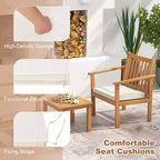 Costway Ensemble mobilier de patio 3 pièces en bois d'acacia avec chaises et table basse avec coussins souples Gris/Blanc