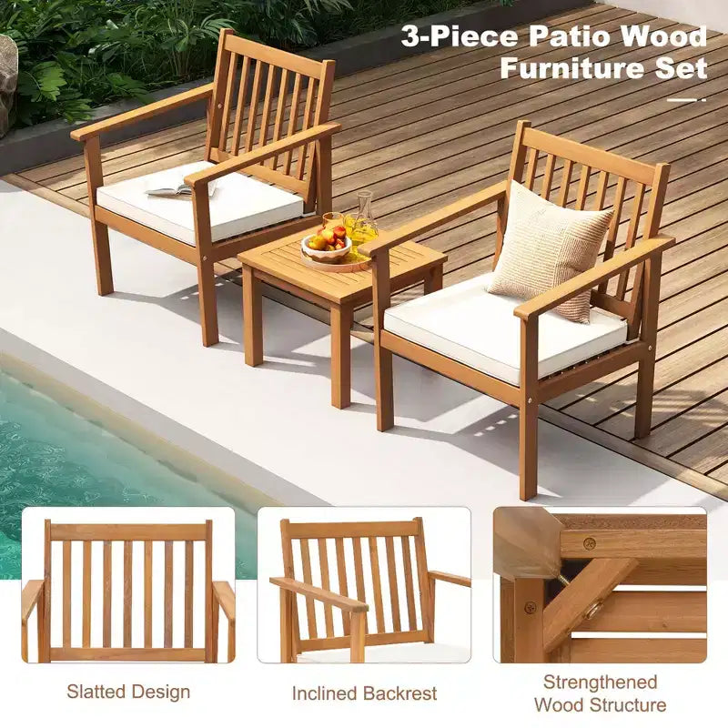 Costway Ensemble mobilier de patio 3 pièces en bois d'acacia avec chaises et table basse avec coussins souples Gris/Blanc
